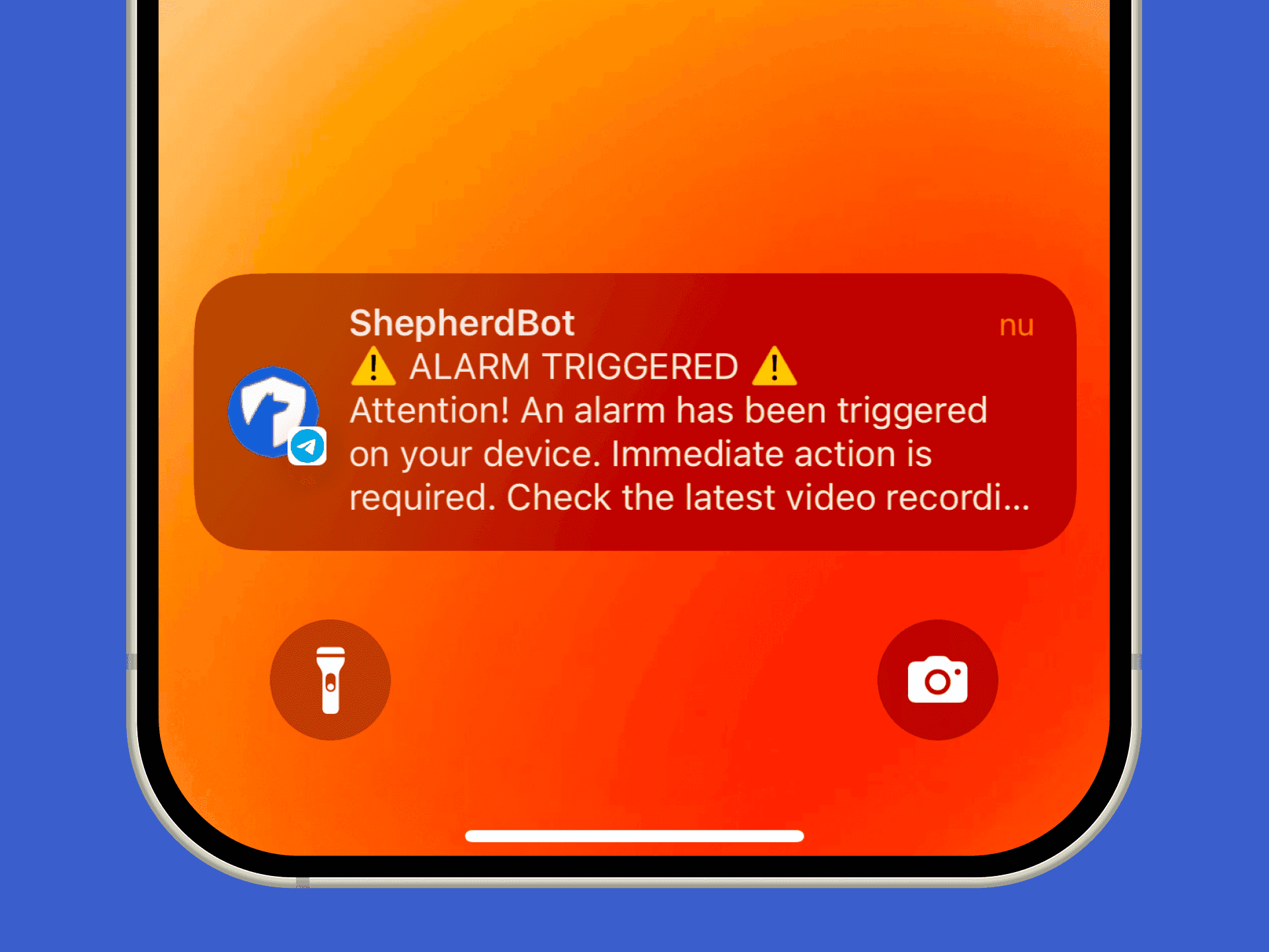 Telegram notification showing Shepherd anti-theft alarm triggered